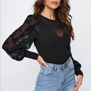 Black floral applique sleeve blouse